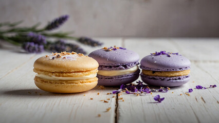Yellow and two purple macaroons on a white wooden background with lavender flowers