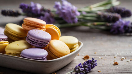 Multi-colored macaroons on a white wooden background with flower petals