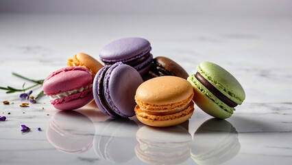 Multi-colored macaroons on a mirror background with flower petals