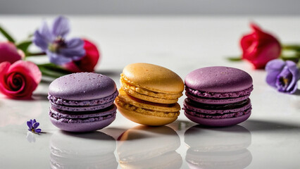 Purple and orange macaroons on a mirror background with roses