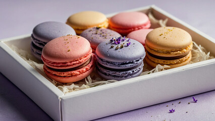 Multi-colored macaroons in a white cardboard box on a gray background with lavender flowers