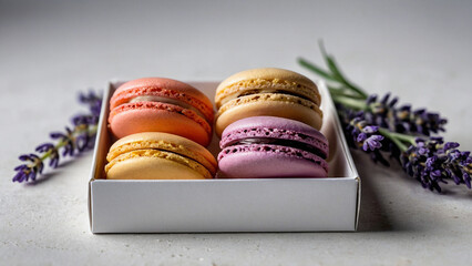 Multi-colored macaroons in a white cardboard box on a gray background with lavender flowers