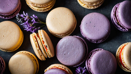 Background of many colorful macaroons with lavender petals