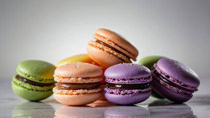 Purple, peach, pink and green macaroons with chocolate filling on a mirror background