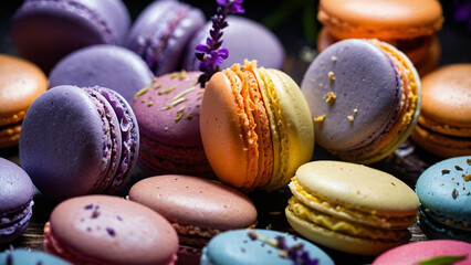 Obraz premium Background of many colorful macaroons with lavender petals
