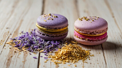 Purple and pink macaroons macarons on a wooden white background with lavender flowers and gold crumble
