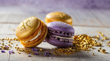 Two yellow and purple macaroons on a wooden white background with lavender flowers and gold crumble