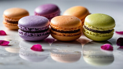 Purple, orange and green macaroons on a mirror background with rose petals