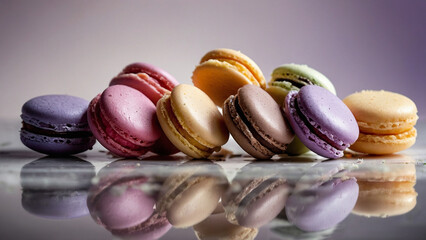 Multi-colored macaroons on a mirror background