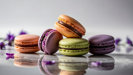 Pink, purple, orange and green macaroons on a mirror background with flower petals