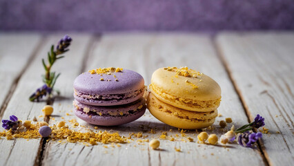 Purple and yellow macaroons on a wooden white background with lavender flowers and gold crumble