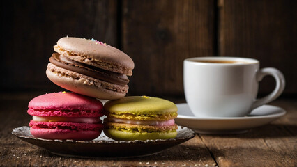 Chocolate, red, green macaroons on a plate on a wooden antique background with a cup of coffee