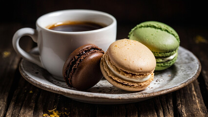 Chocolate, beige, green macaroons on a plate with a cup of coffee on a wooden aged background
