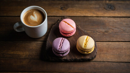 Yellow, purple, pink macaroons on a wooden antique background with a cup of coffee