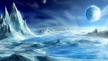 Deurstickers Otherworldly landscape depicts a frozen, alien world under a starry night sky. Towering, jagged ice formations rise against the backdrop of a luminous planet or moon © Надежда Семироз