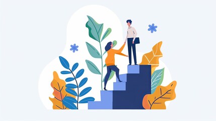 Business mentor helps to improve career and holding stairs steps vector illustration - obrazy, fototapety, plakaty