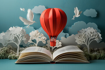 An open book with papercut hot air balloon, celebrating Literacy Day and the joy of reading and adventure. Suitable for educational and inspirational purposes.