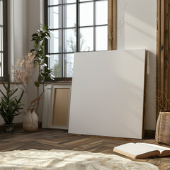 BLANK FRAMED CANVAS MOCKUP, ON THE FLOOR OF A ROOM WITH A WINDOW