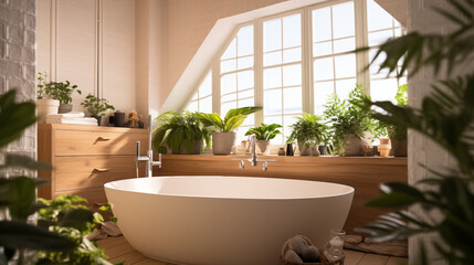 Baignoire dans une salle de bain style scandinave, avec bois, fenêtres et plantes. Naturel, clair, lumineux. Bien-être, douche, salle d'eau. Pour conception et création graphique.