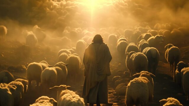 Jesus Christ Shepherd herding sheep at sunrise across the pasture