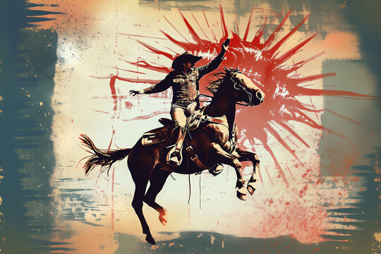 American rodeo cowboy riding his horse in the Wild West frontier of Texas in the style of a vintage distressed watercolour oil painting for an abstract retro poster or flyer, stock illustration image 