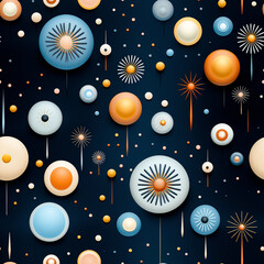 Seamless pattern with multicolored balls and fireworks on dark blue background