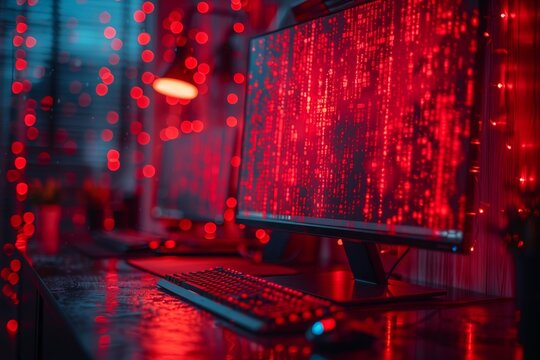 Binary code on screens with red light