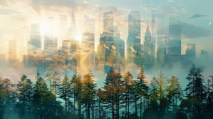 Double exposure landscape of city downtown at sunset with skyline and green summer forest