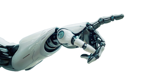  White cyborg robotic hand pointing his finger - 3D rendering isolated on free PNG background.