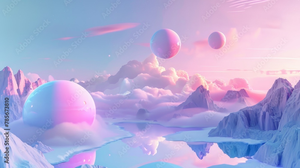 Poster floating objects in a dreamlike 3d landscape ai generated illustration