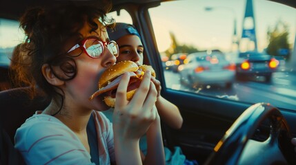 people eating a sandwich in the car with traffic around