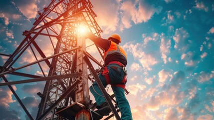 Technician climbing up a communications tower, the challenges and risks associated with working at heights in the telecommunications industry.