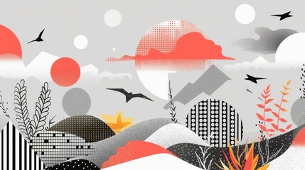 Flying objects in a Memphis style landscape with abstract plants and animals   AI generated illustration
