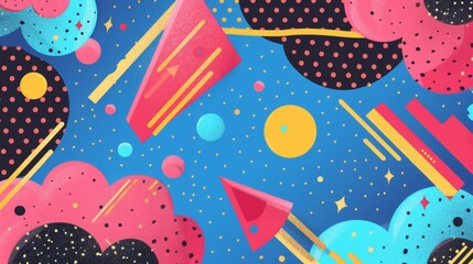 Flying objects in a Memphis style patterned sky   AI generated illustration