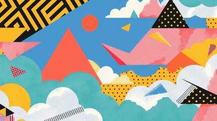 Flying objects in a Memphis style patterned sky   AI generated illustration