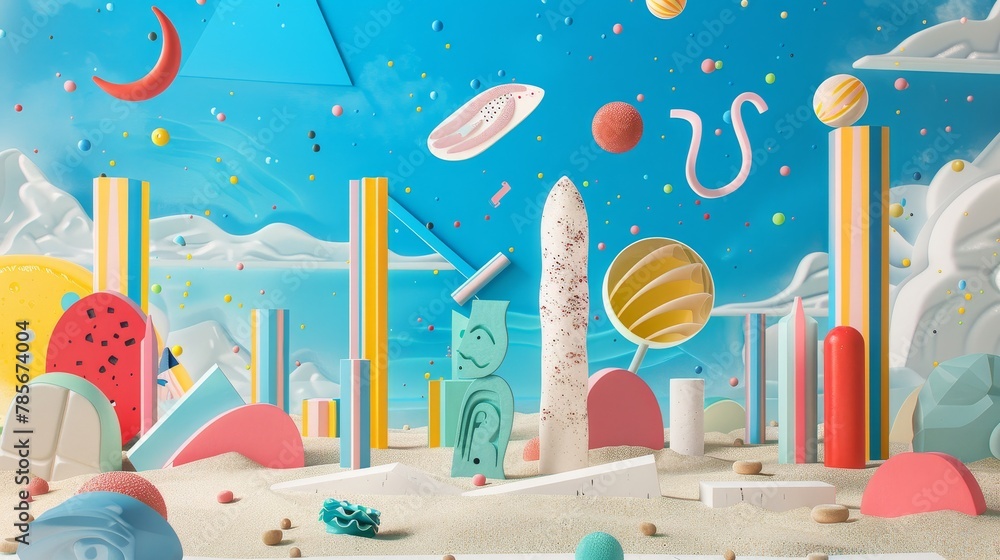 Poster flying objects in a whimsical memphis style scene with surreal elements ai generated illustration