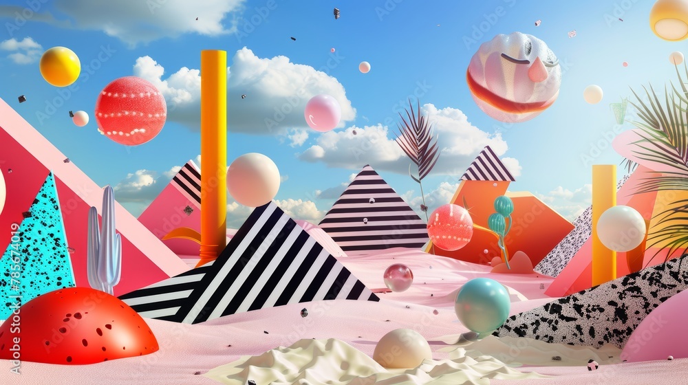 Aufkleber flying objects with abstract memphis style shapes in a surreal scene ai generated illustration