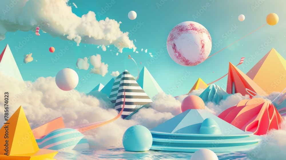 Aufkleber flying objects with abstract memphis style shapes in a surreal scene ai generated illustration