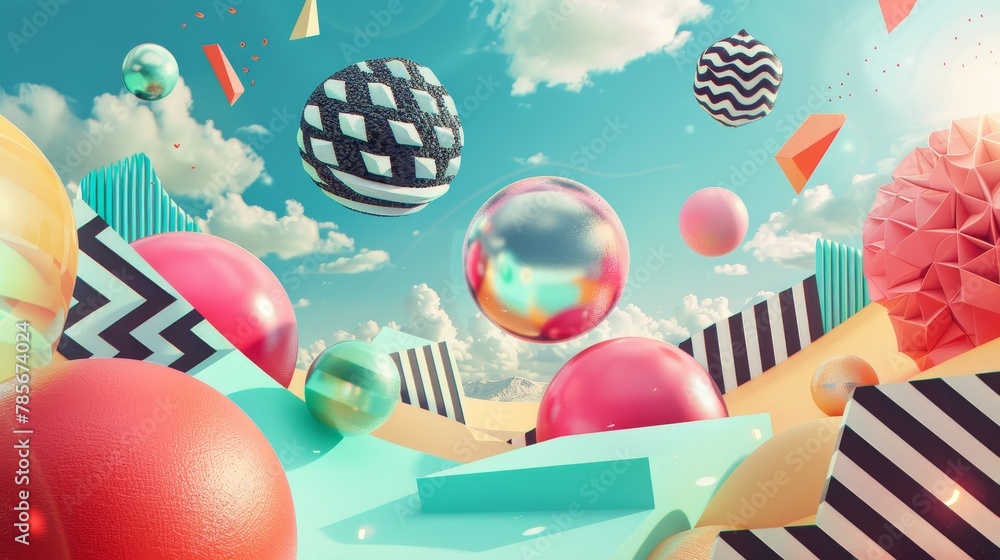 Aufkleber flying objects with abstract memphis style shapes in a surreal scene ai generated illustration