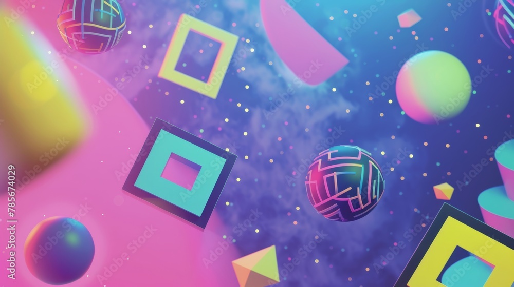 Poster Flying objects with quirky Memphis style elements floating in space   AI generated illustration