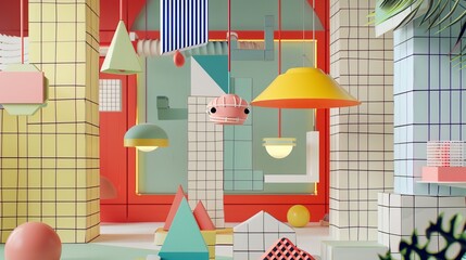 Flying objects suspended in a retro-inspired Memphis style scene   AI generated illustration
