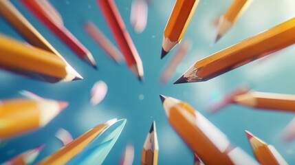 Obraz premium Flying pencils in a 3d illustrated workspace AI generated illustration