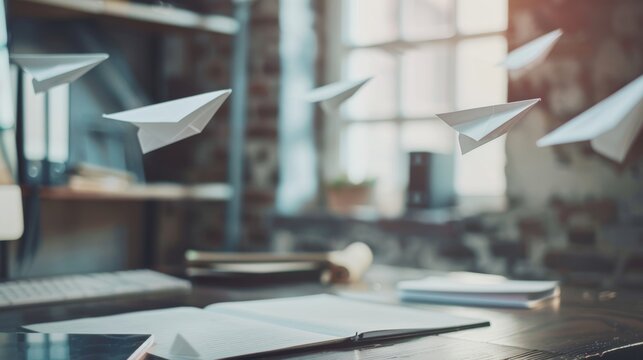 Flying paper airplanes above a desk   AI generated illustration