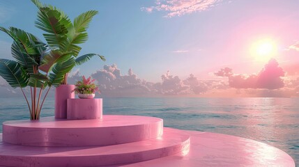 Pink Set of Stairs With Plant on Top