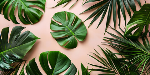 Tropical leaves on a coral background
