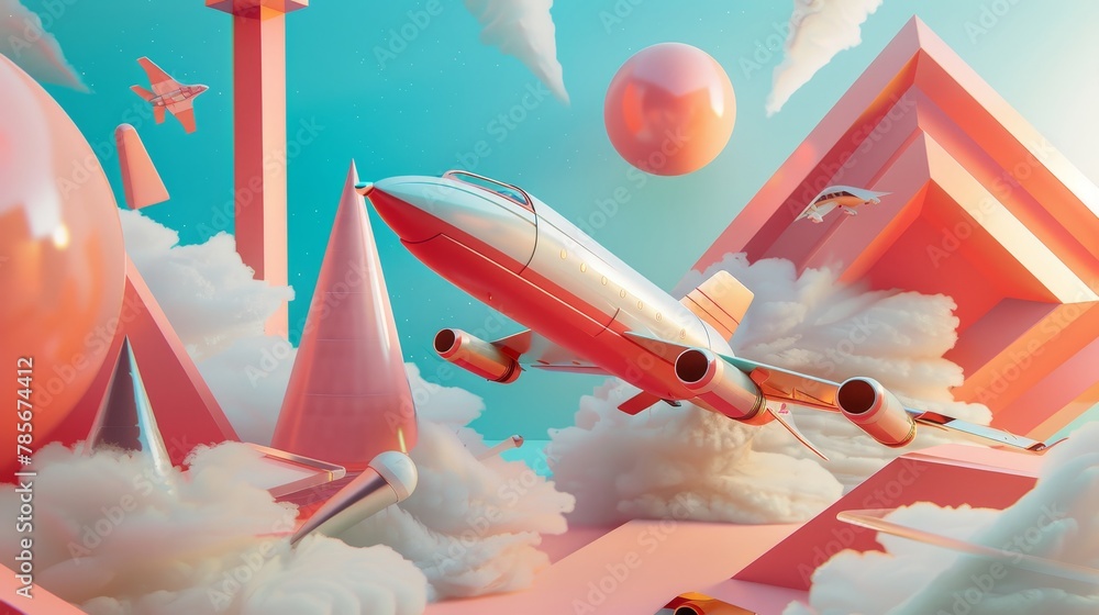 Poster geometric and futuristic 3d renderings of flying objects in a memphis-inspired design ai generated i