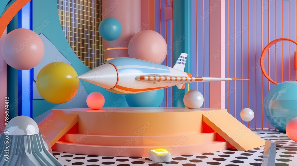 Poster geometric and abstract 3d renderings of flying objects inspired by the memphis design movement ai ge
