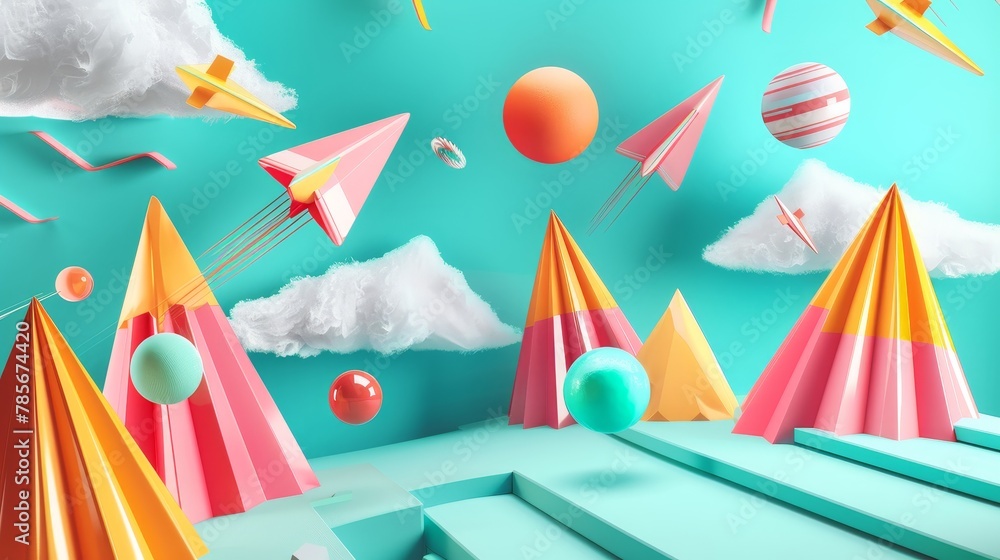 Poster Geometric and abstract  3d renderings of flying objects in a startup theme  AI generated illustration