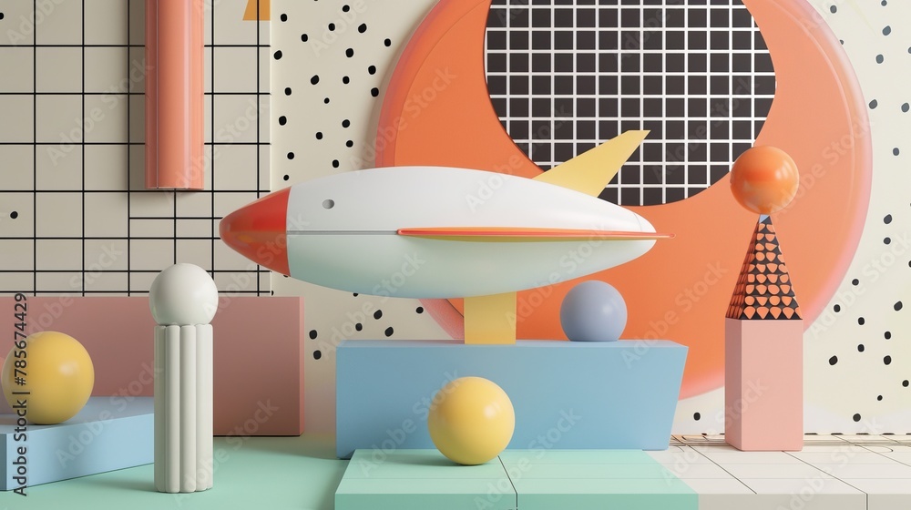 Poster geometric and abstract 3d renderings of flying objects inspired by the memphis design movement ai ge