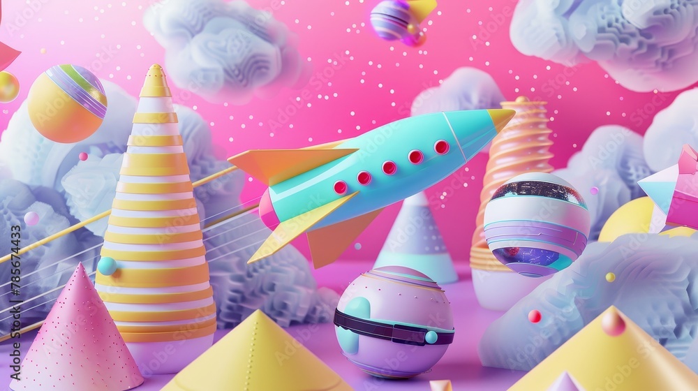 Poster geometric and futuristic 3d renderings of flying objects in a memphis-inspired design ai generated i